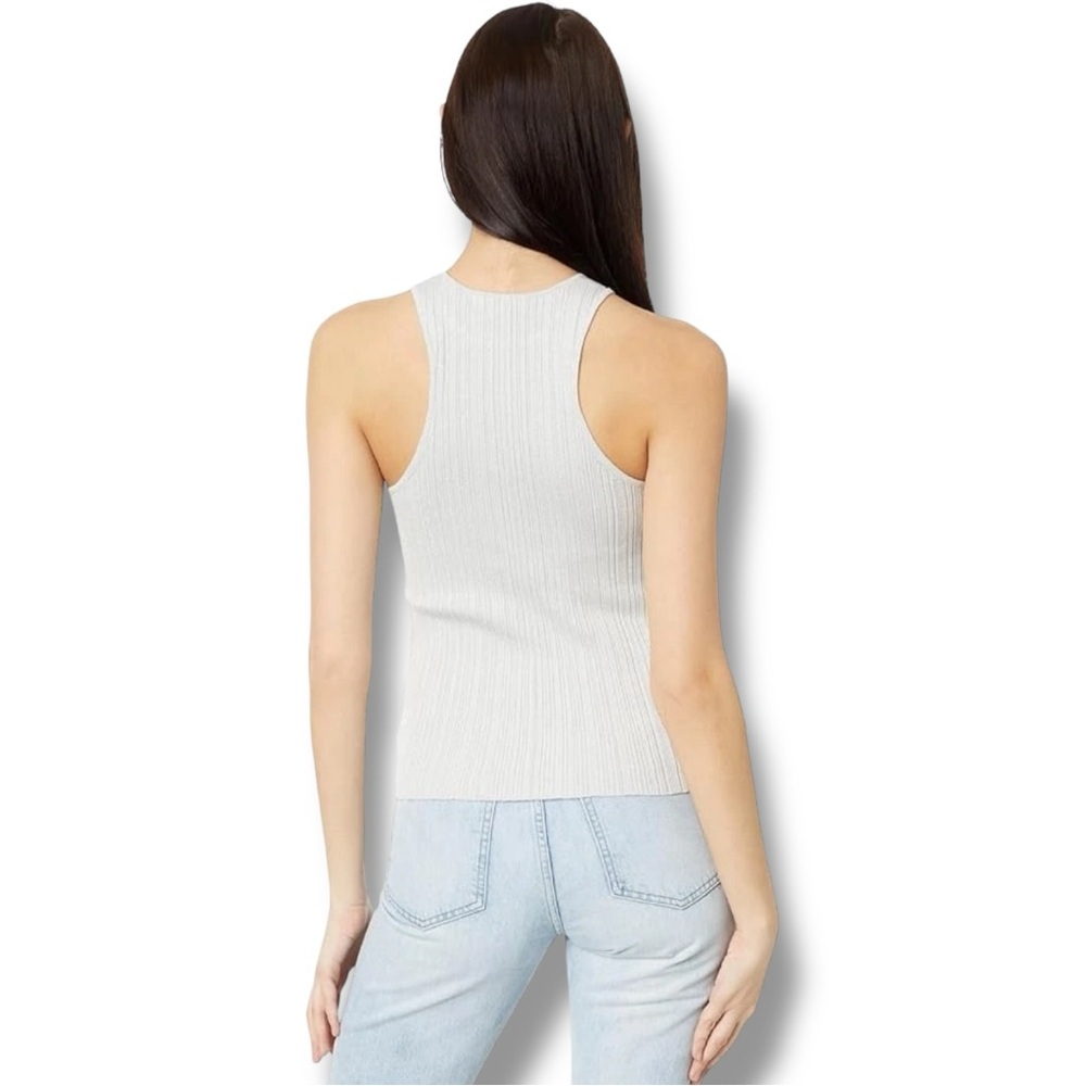 Madewell Blue/Silver Shiny Fitted Sleeveless Ribbed High Neck Racerback Tank Top - Picture 2 of 16